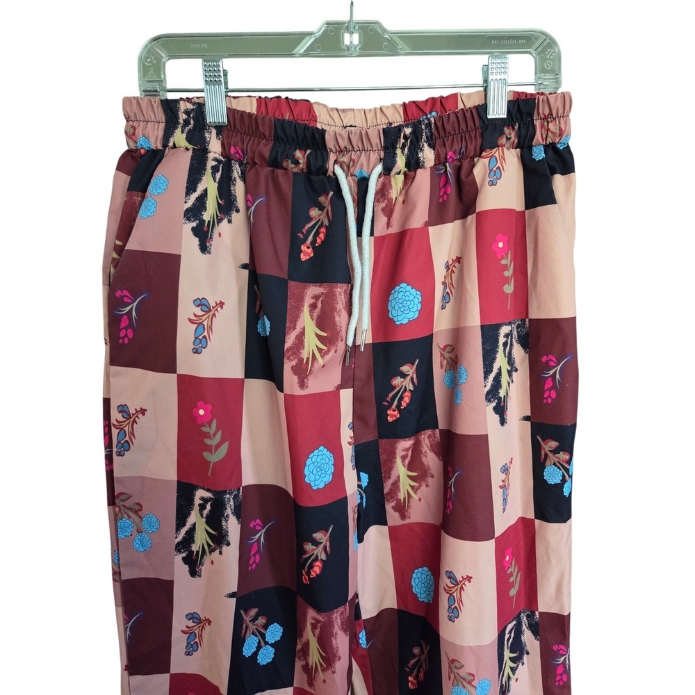 ROMWE Patchwork Checkerboard Floral Print Pants Elastic Waist Size L